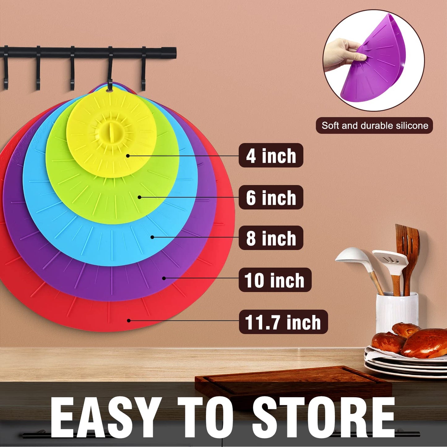 Silicone lids - 5 Pack Heat Resistant Microwave Splatter Cover, Reusable silicone Suction lids for food storage Fits Bowls, Cups, Skillets, Plates, Pots, Pans StoveTop, Oven, Fridge Safe