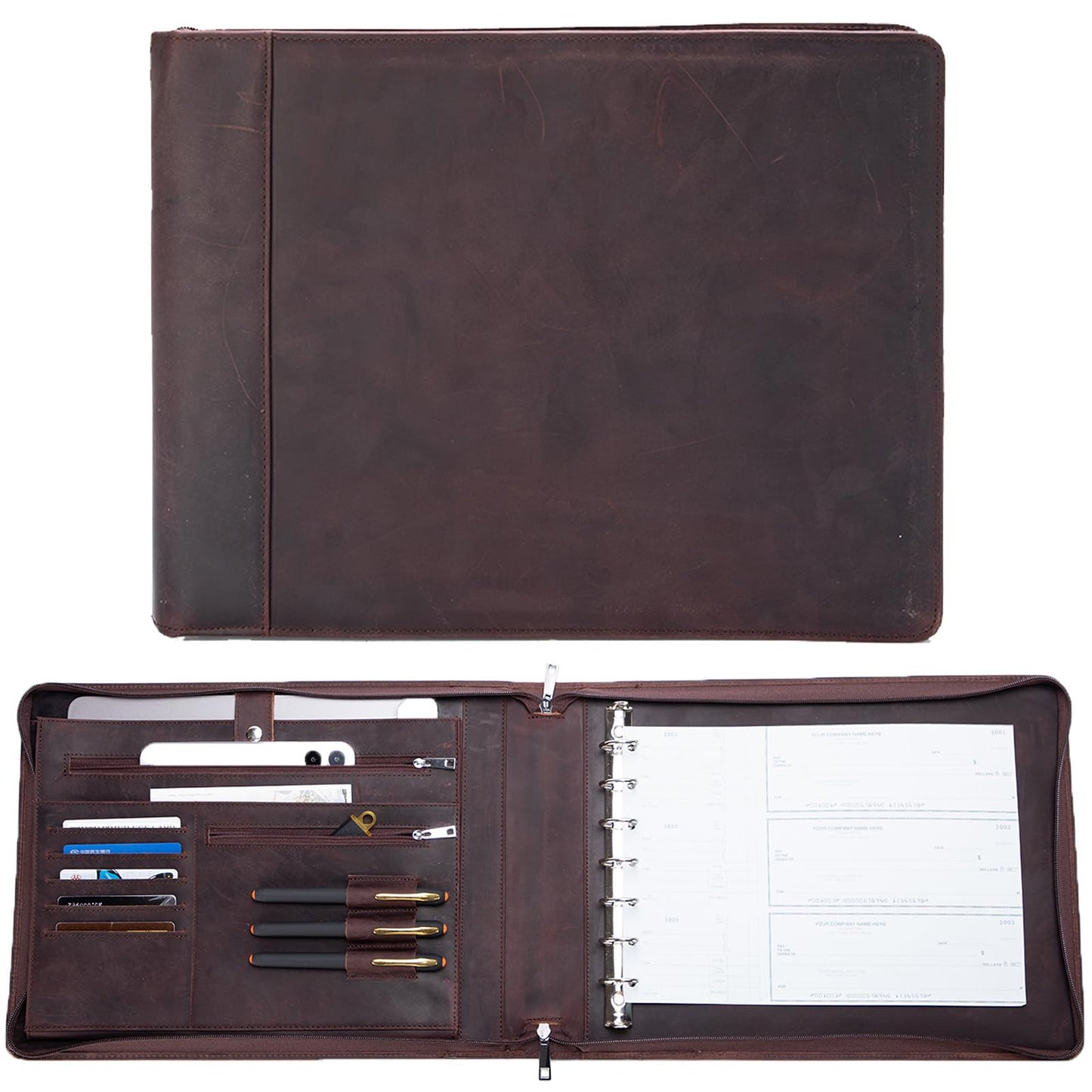Genuine Leather 7 Ring Check Binder,Business Checkbook Holder 9 x 13” Dark Brown