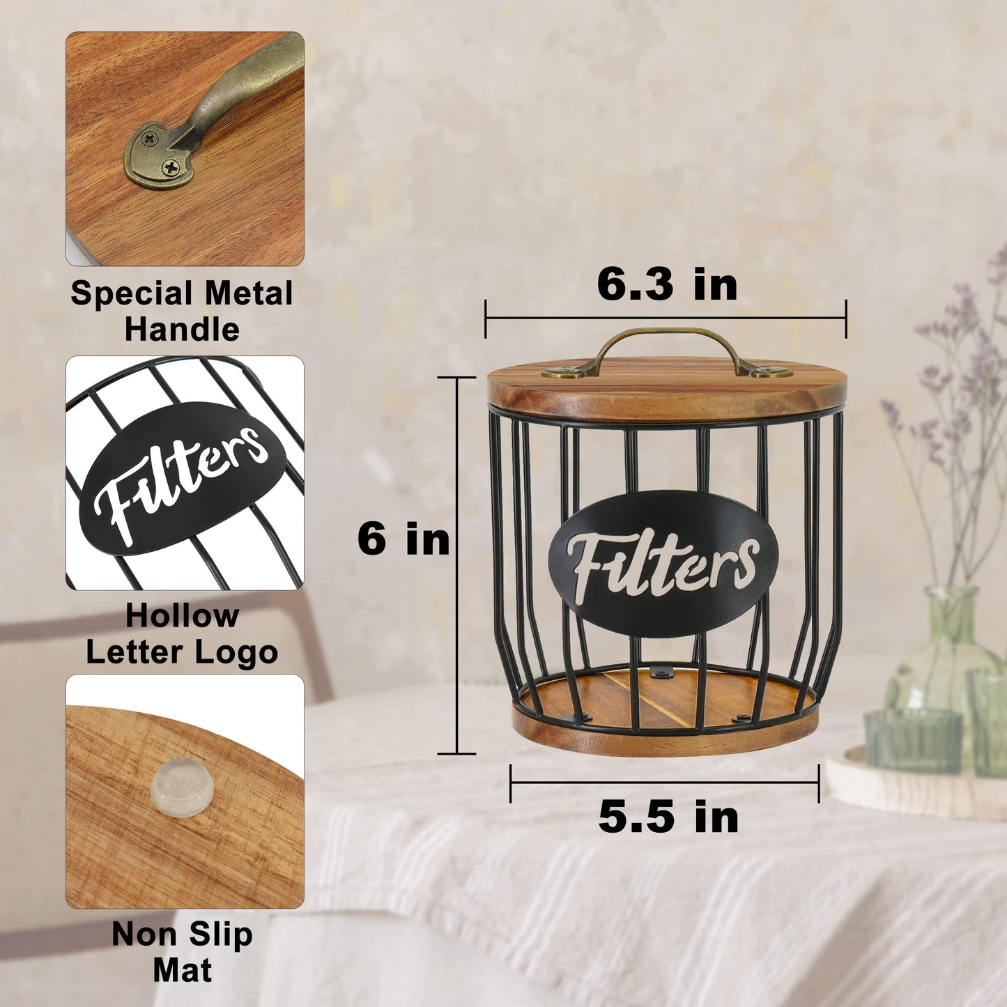 Rustic Coffee Filter Holder with Lid, Acacia Coffee Filter Holder Storage Conta