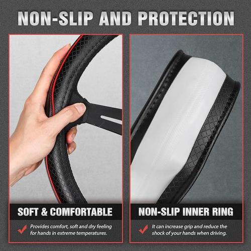 Universal Fit Steering Wheel Cover Protector, Synthetic Leather, 15in, Black/Red