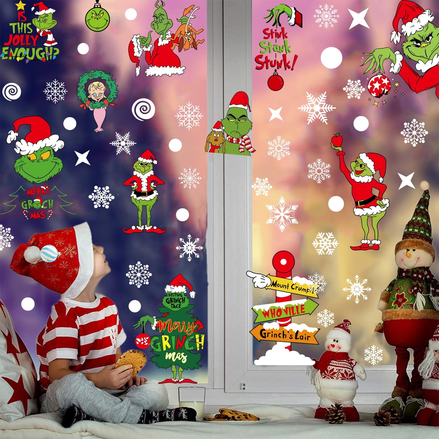 Grinch Waterproof Christmas Window Clings, Stickers Double Sided - 9 sheets