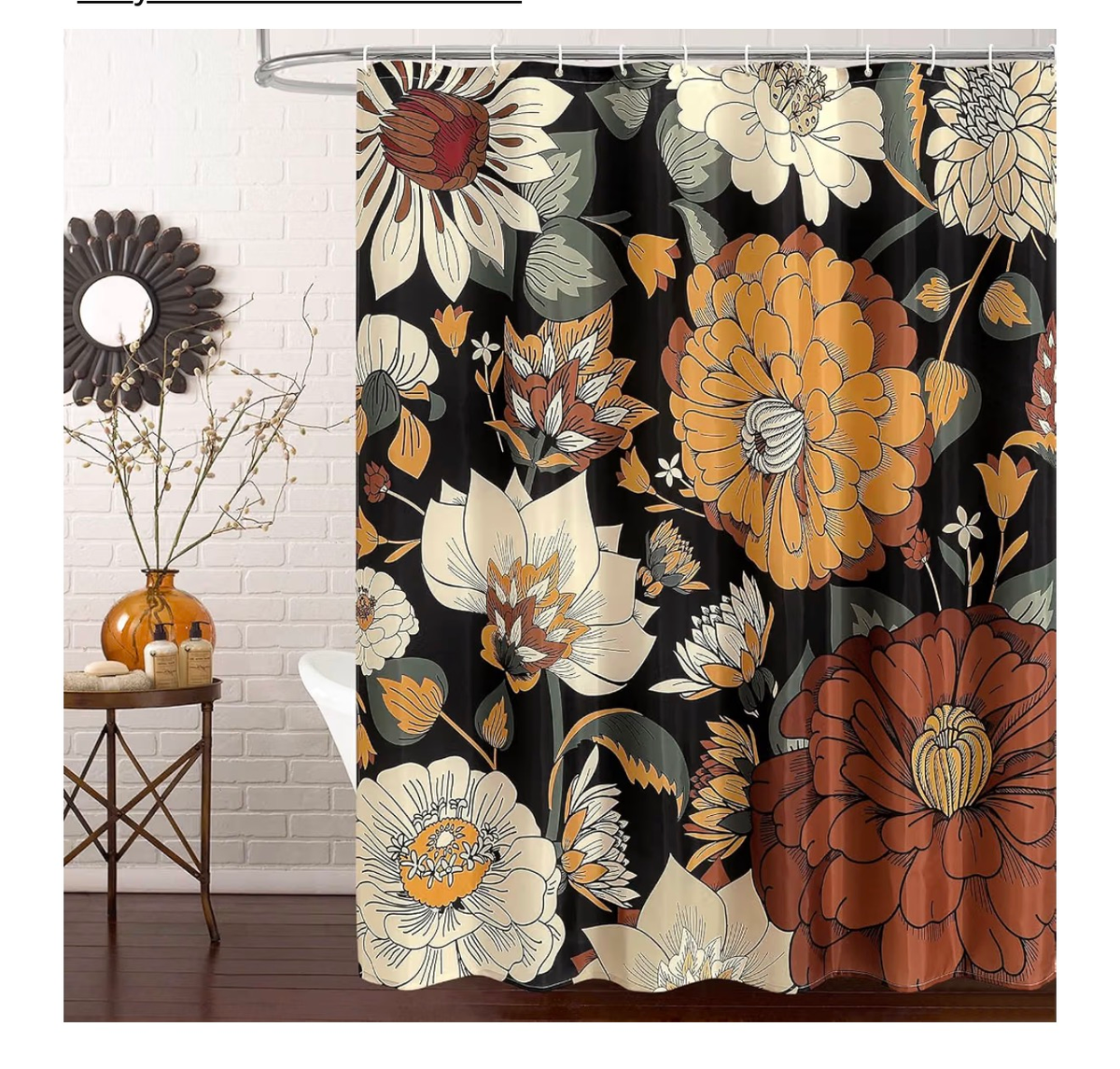 Fabric Shower Curtain 72x72 Boho Floral Black Cream Rust Botanical