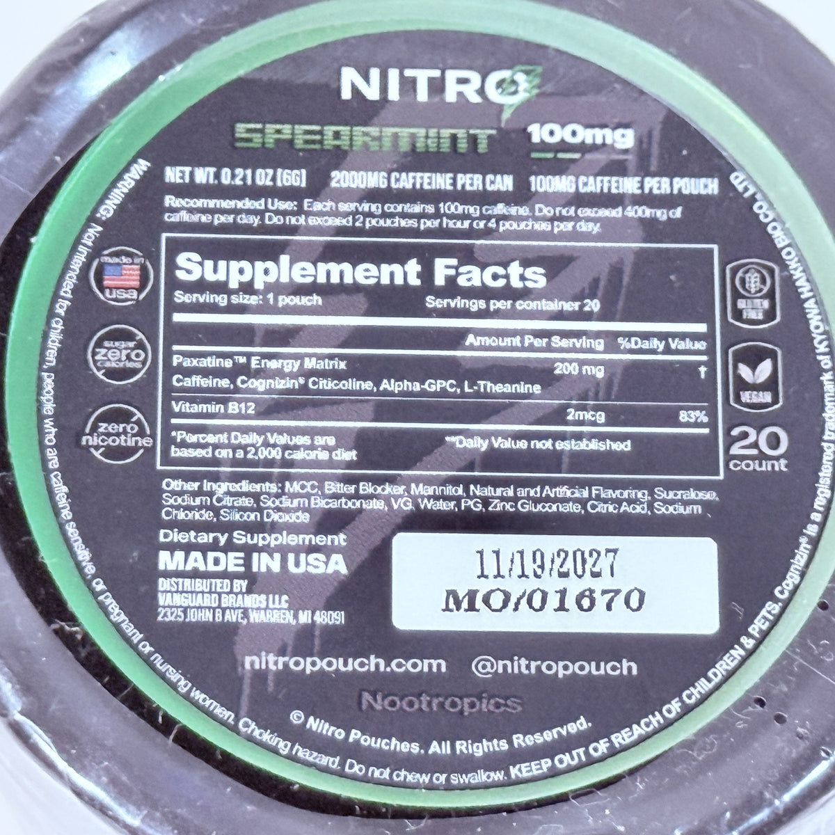 Nitro Spearmint Caffeine Pouches 100 mg, 5 Cans of 20, Exp 11/2027 - view 4 of 4
