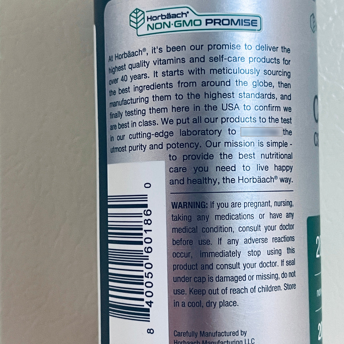 Horbaach Cordyceps CS-4 bottle side label describing the company's testing process