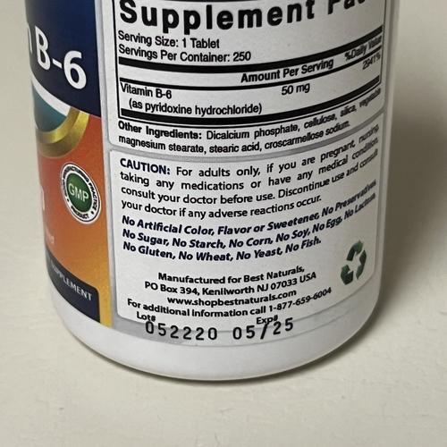 Best Naturals Vitamin B6 50 mg 250 Tablets