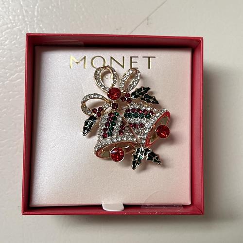 Monet Women's Christmas Bells Pin - Red, Green, Gold Glass Brooch