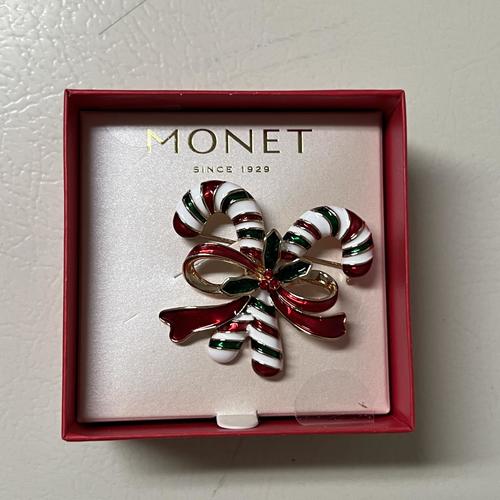 Monet Jewelry Christmas Candy Cane Multi Color Glass Pin