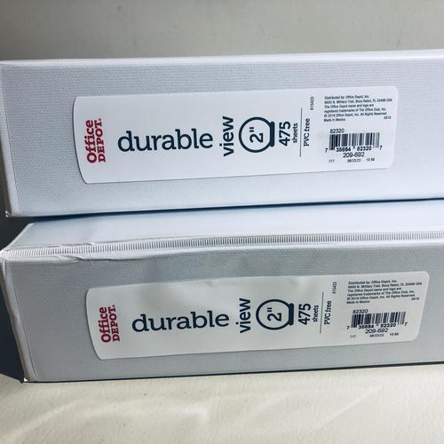 2 Office Depot Durable View 3-Ring Binders, 2" rings, pockets, 475 sheets each