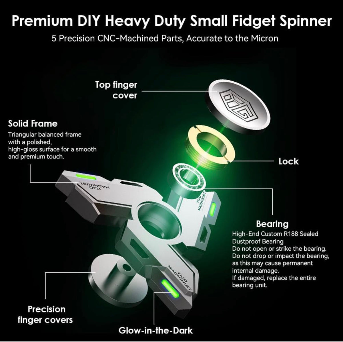 Glow in the Dark Metal Fidget Spinner Three Blade Hand Spinner, Black - view 7 of 7