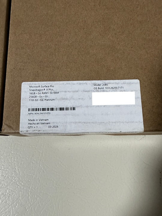 Carton label: Microsoft Surface Pro, Snapdragon X Plus, 16GB, 256GB, 11th Edition Platinum, Model 2085, MPN 90NL5M1010T0