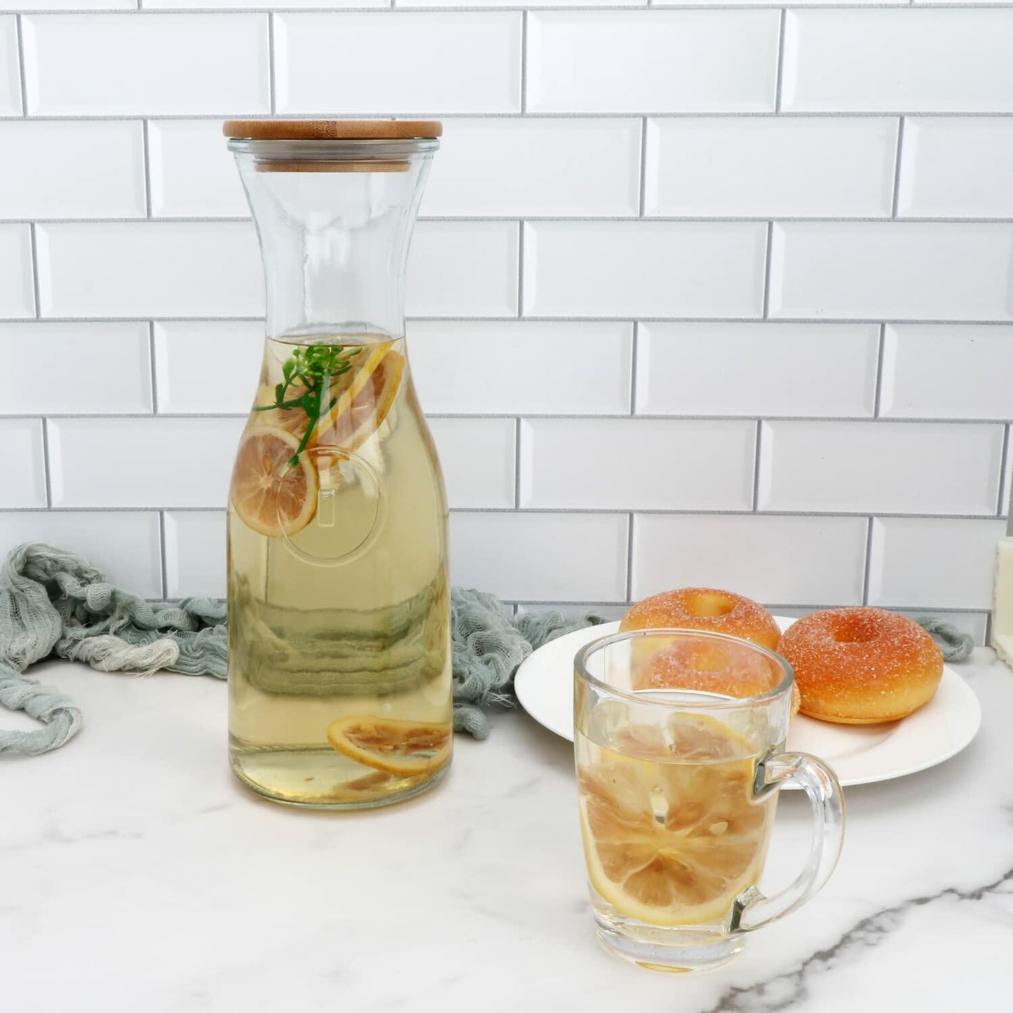 35oz Glass Carafe,Glass Pitcther with Wooden Caps for Wine,Fruit Tea,Drinks 6pcs