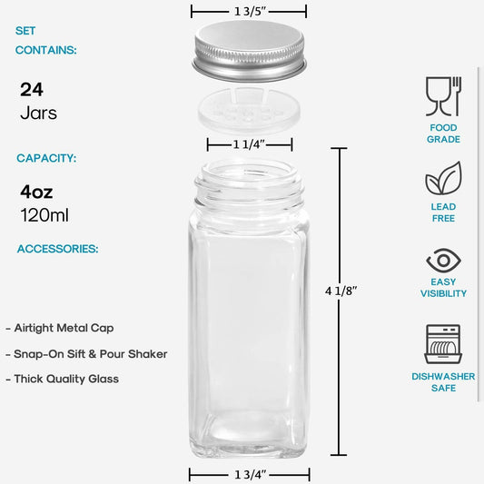24 Pcs Glass Spice Jars with Labels - 4oz Empty Square, Airtight Metal Caps