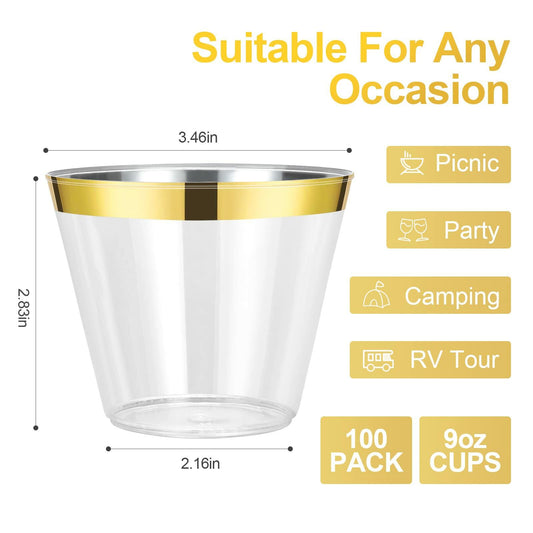 100 Pack - 9 oz Gold Rim Hard Plastic Disposable Elegant Wedding Party Cups Set