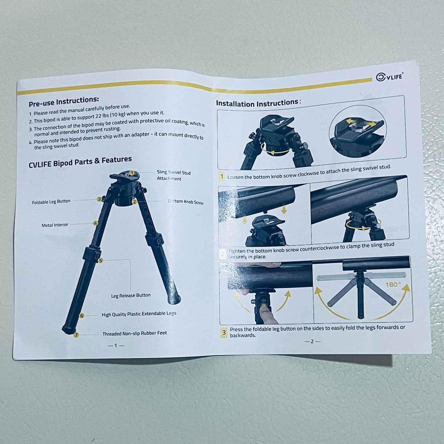 CVLIFE Adjustable Sling Stud Bipod 7.5-10.6 Inches