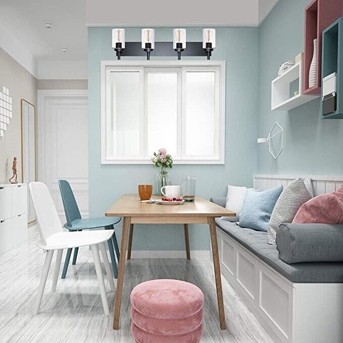 4-Light Sconces Bathroom Vanity Fixture, Black, Wall Lighting with Clear Glass