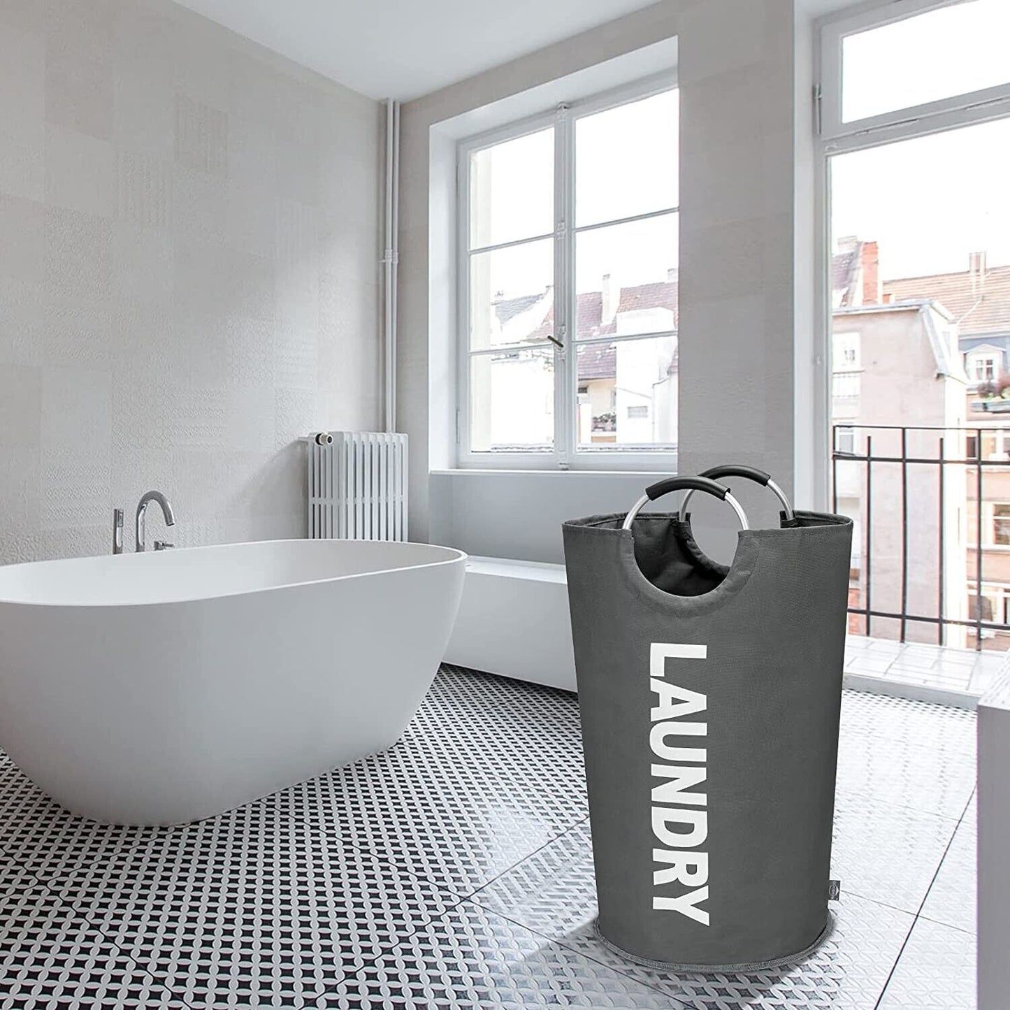 Dokehom Laundry Basket Gray W/ Handles Foldable Collapsible 14" x 28.5" New