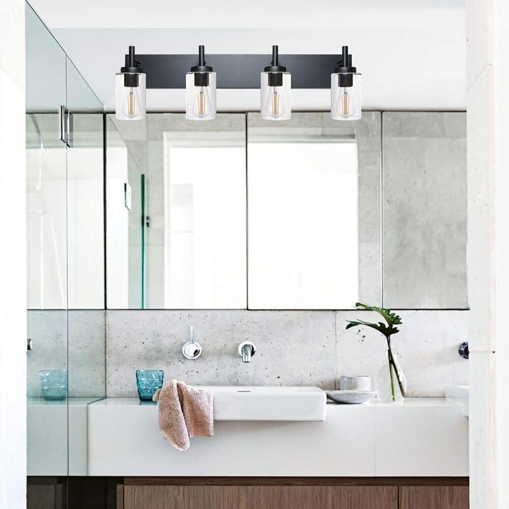 4-Light Sconces Bathroom Vanity Fixture, Black, Wall Lighting with Clear Glass