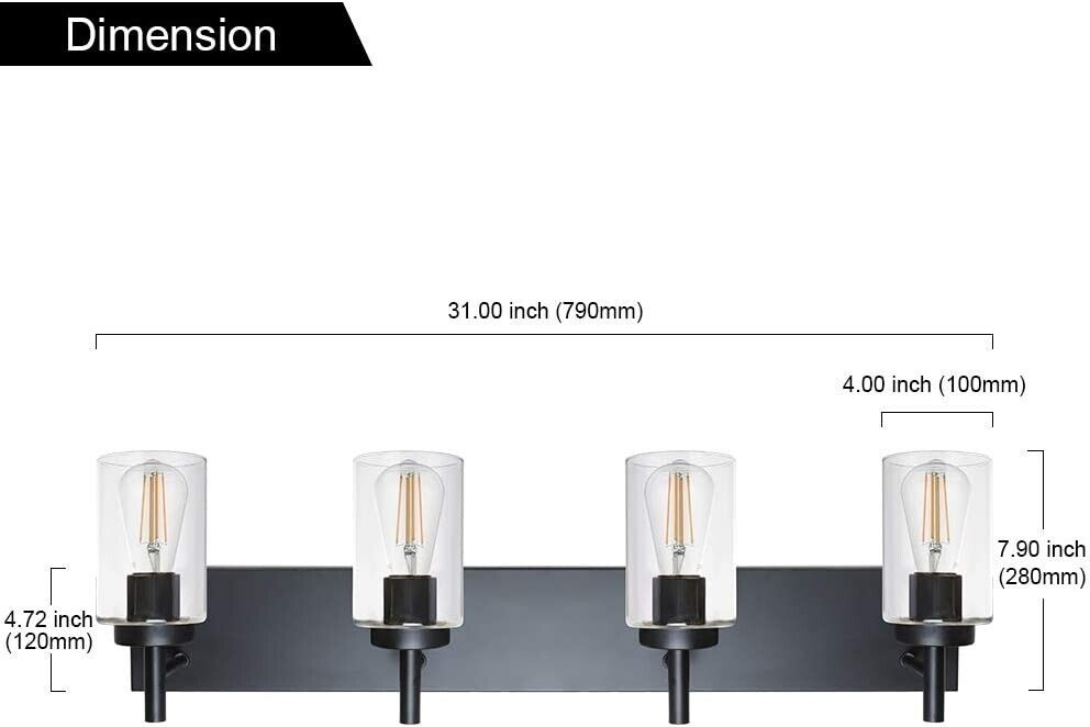 4-Light Sconces Bathroom Vanity Fixture, Black, Wall Lighting with Clear Glass