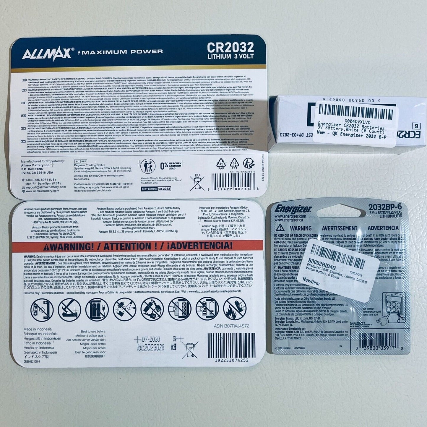 32-pack Assorted CR2032 3V Lithium Batteries - Allmax, Energizer, Amazon Basics