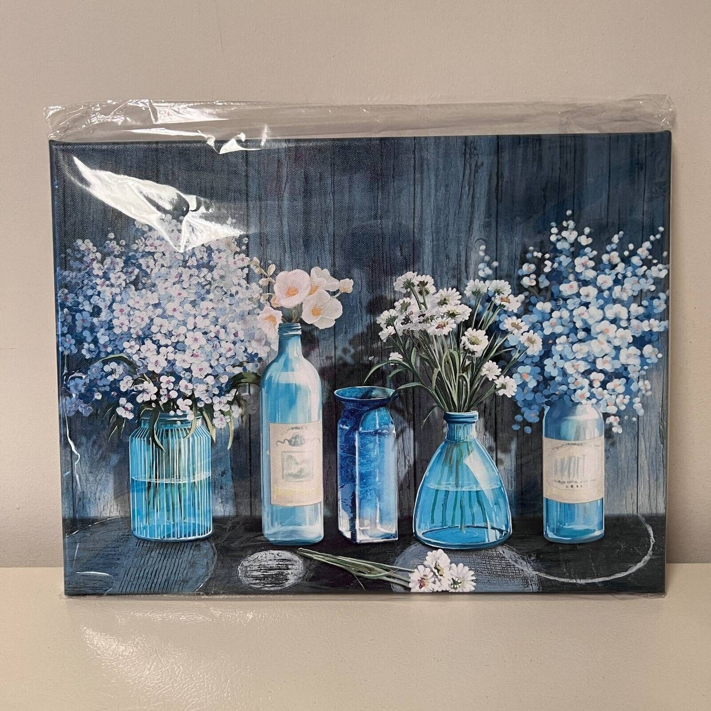 Canvas Wall Art Blue Flowers Vases Rustic 12x16" Print Framed Ready To Hang New