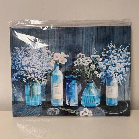 Canvas Wall Art Blue Flowers Vases Rustic 12x16" Print Framed Ready To Hang New