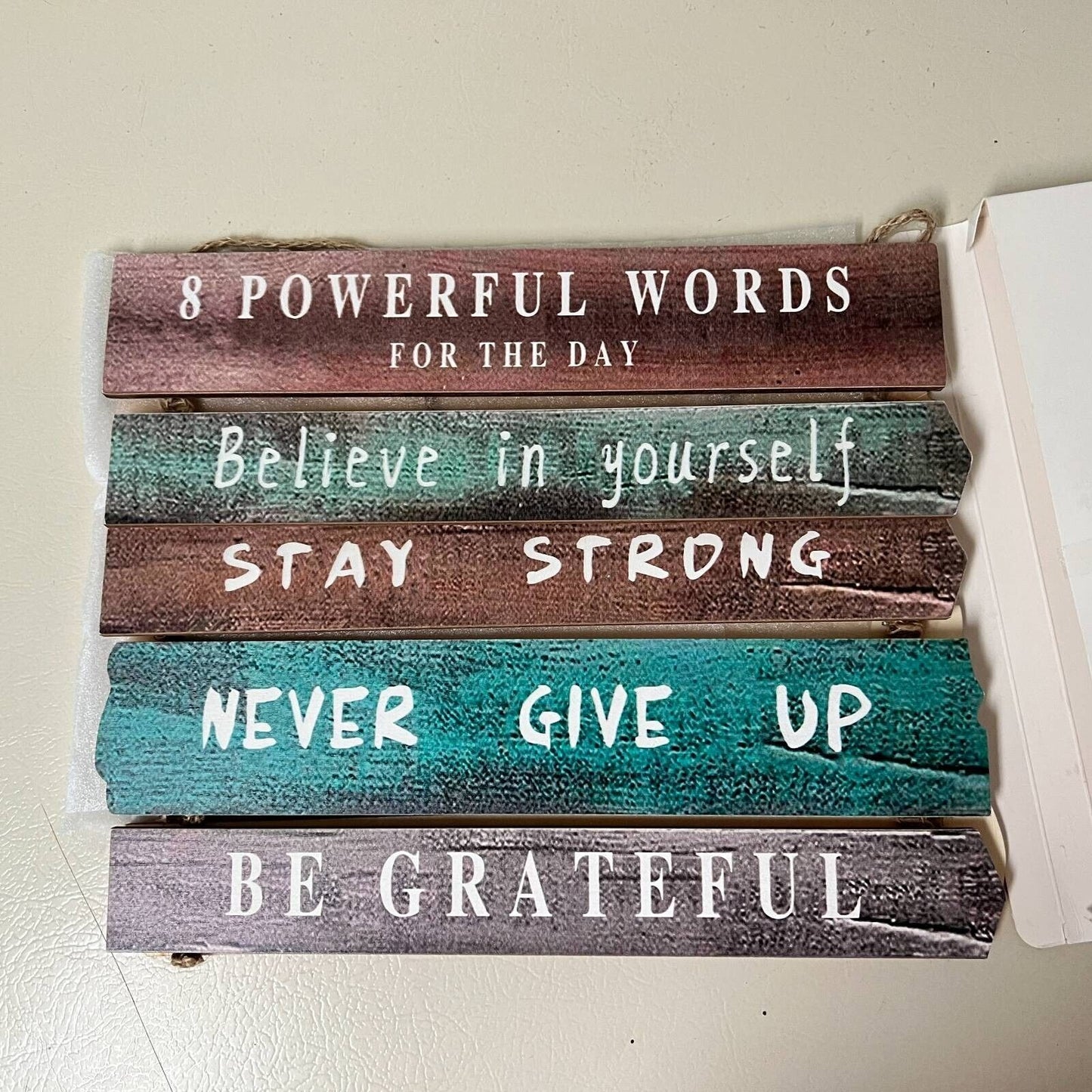 Inspirational Wall Hanging Art Wood String 24 x 12" Brown Green Blue Rustic New