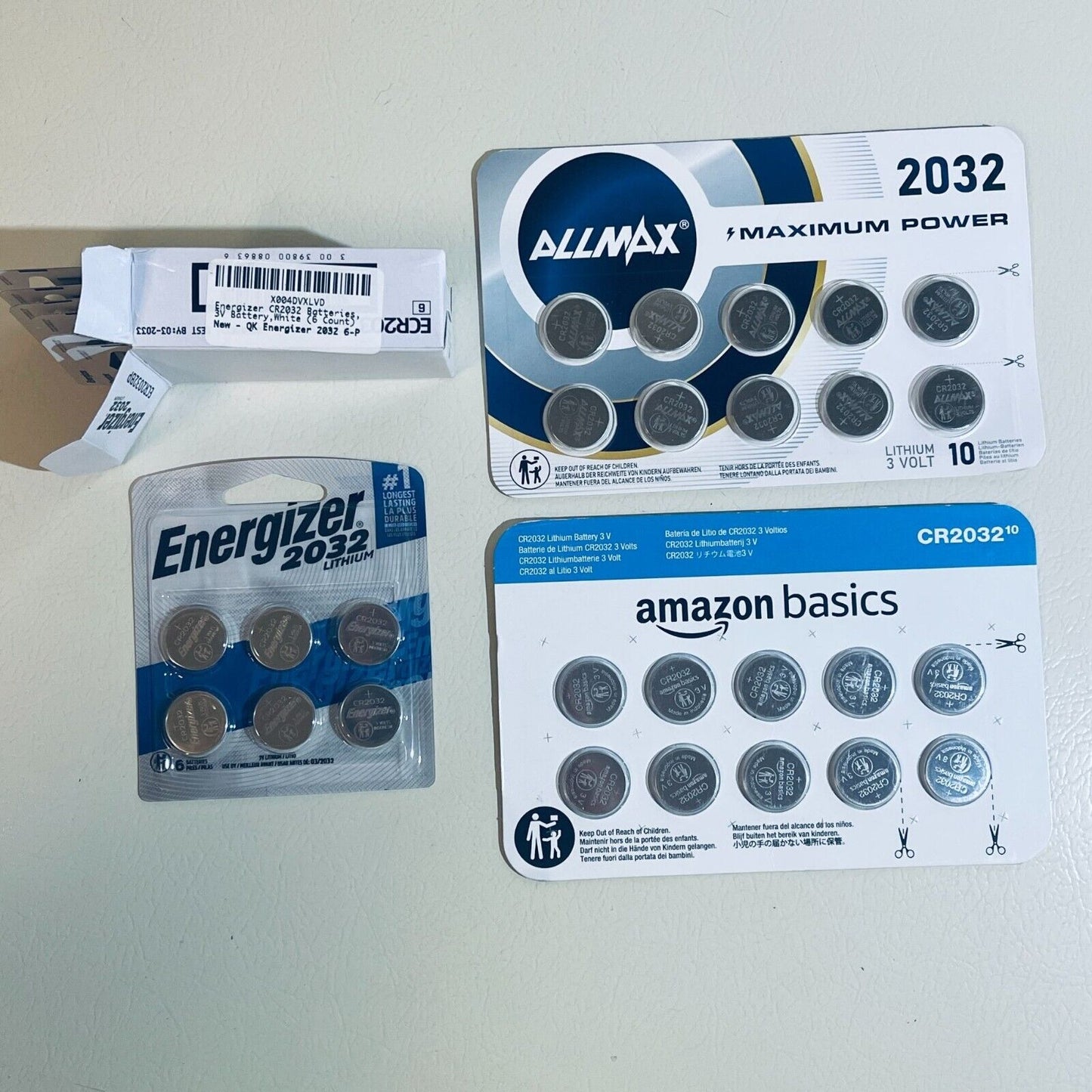 32-pack Assorted CR2032 3V Lithium Batteries - Allmax, Energizer, Amazon Basics