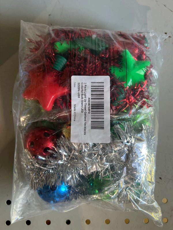 Set of 3 Christmas Tinsel Garland Necklaces, Stars and Lights