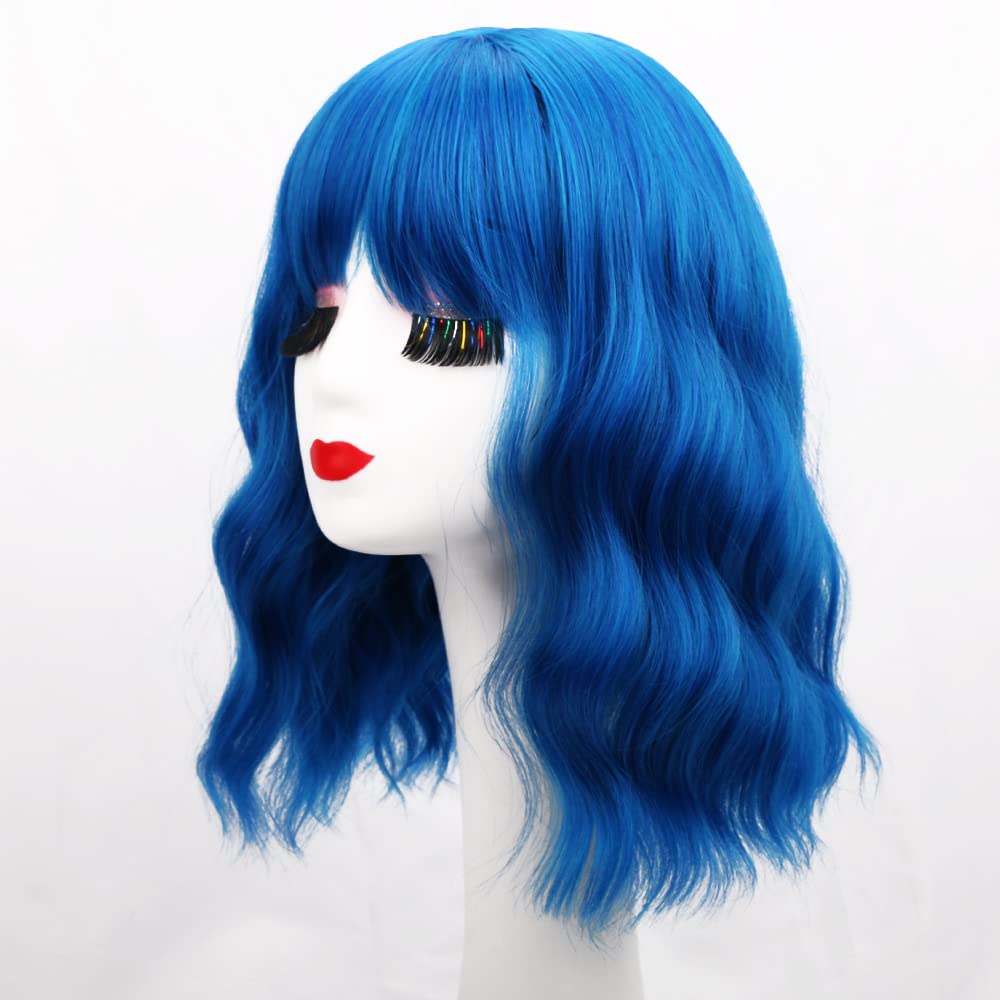 Bob Wig with Bangs Loose Wavy Wig Shoulder Length Cosplay Colorful Wigs - Blue