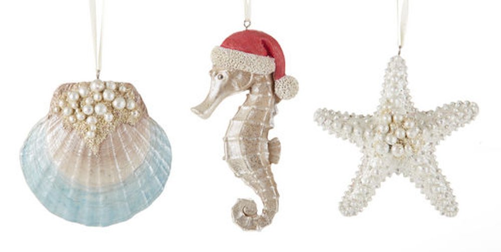 Delton Beach Coastal Christmas Tree Ornaments Set 3 Starfish Clam Shell Seahorse