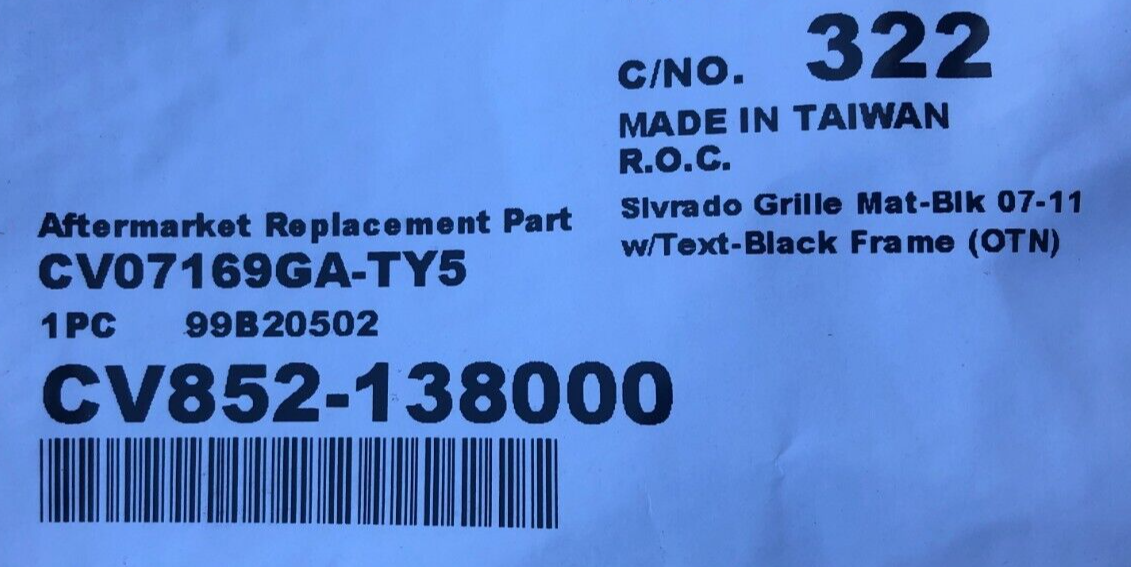 Chevy Silverado Black Bumper Grille replacement, CV07169GA-TY5