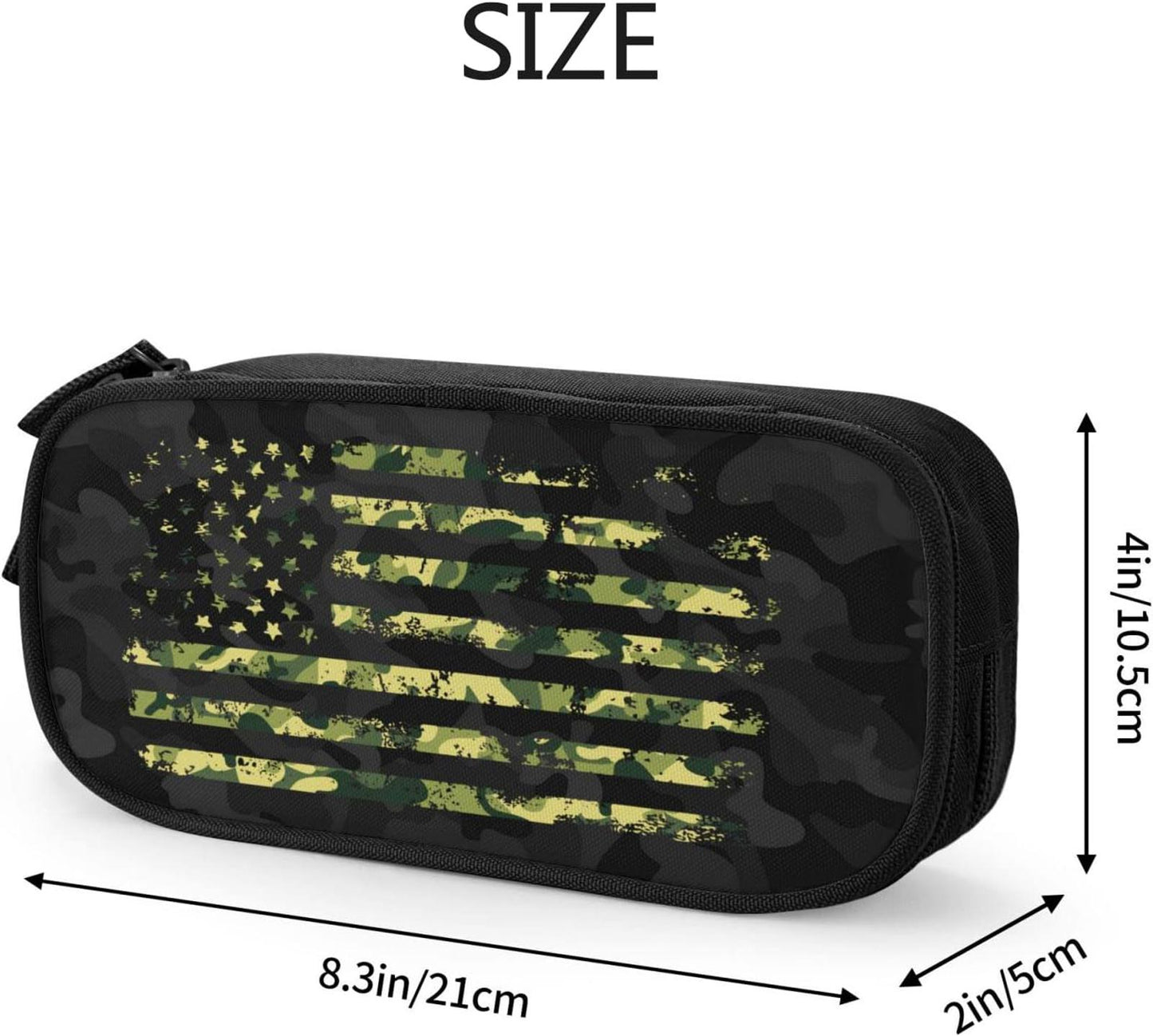 Black Camouflage American Flag Pencil Case Organizer with Multiple Compartments