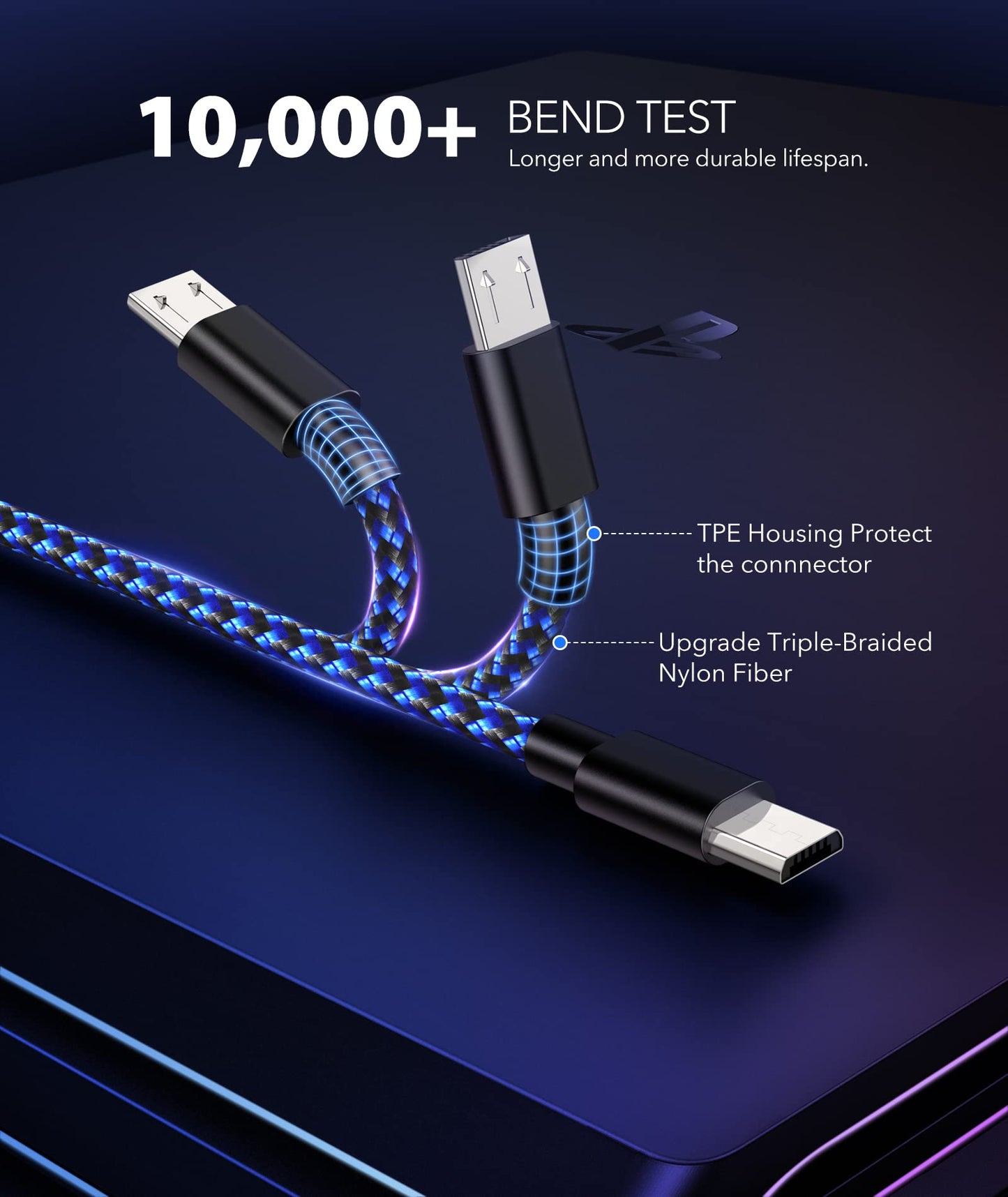 4 CABLES - PS4 Controller Charger Charging Cable 10ft Nylon Braided Micro USB