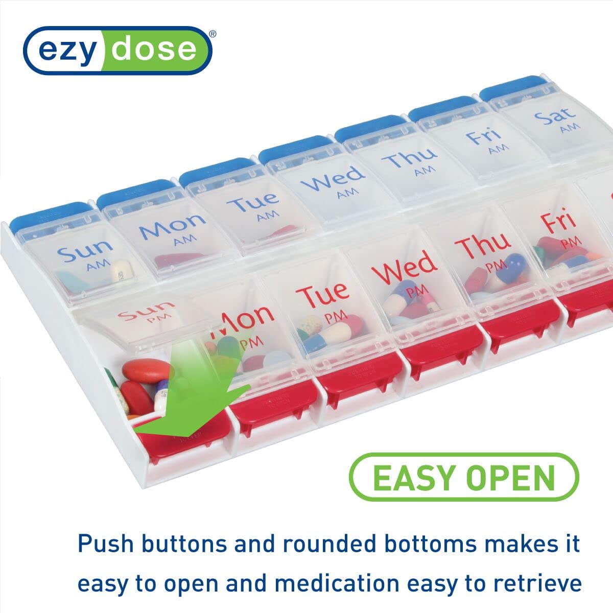 Push Button (7-Day) Pill Case, Medicine / Vitamin Organizer, 2 Times a Day AM/PM