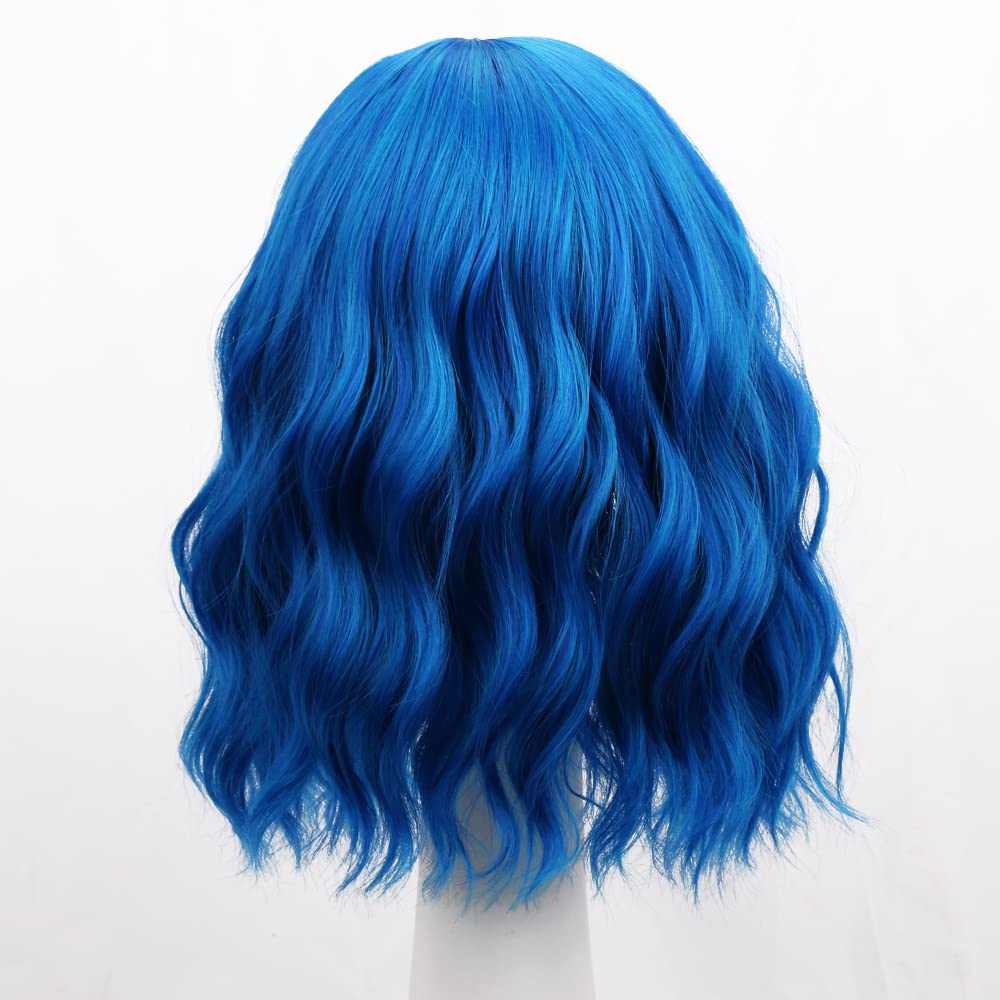 Bob Wig with Bangs Loose Wavy Wig Shoulder Length Cosplay Colorful Wigs - Blue