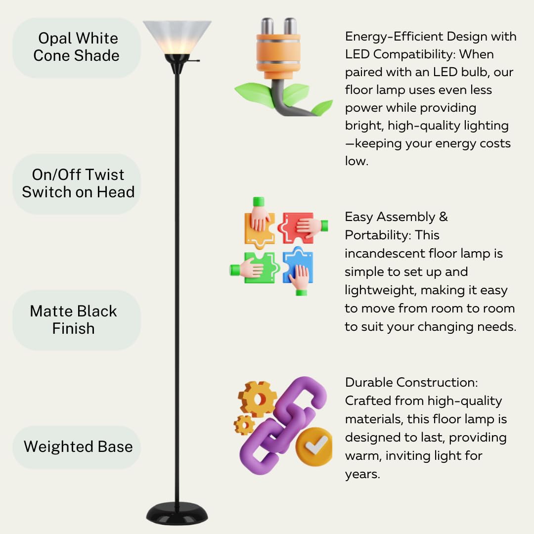 LIGHTACCENTS Black Floor Lamp with Opal White plastic Cone Shade