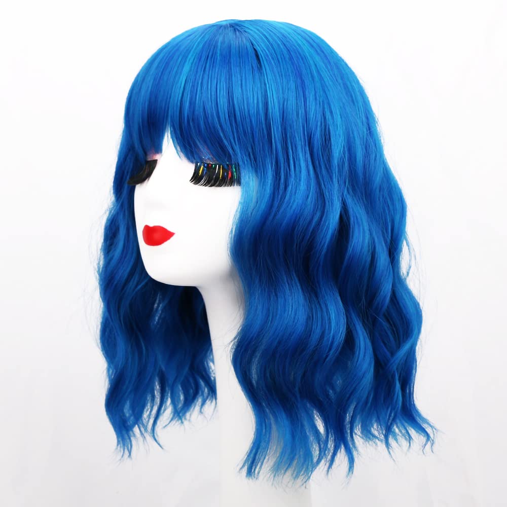 Bob Wig with Bangs Loose Wavy Wig Shoulder Length Cosplay Colorful Wigs - Blue
