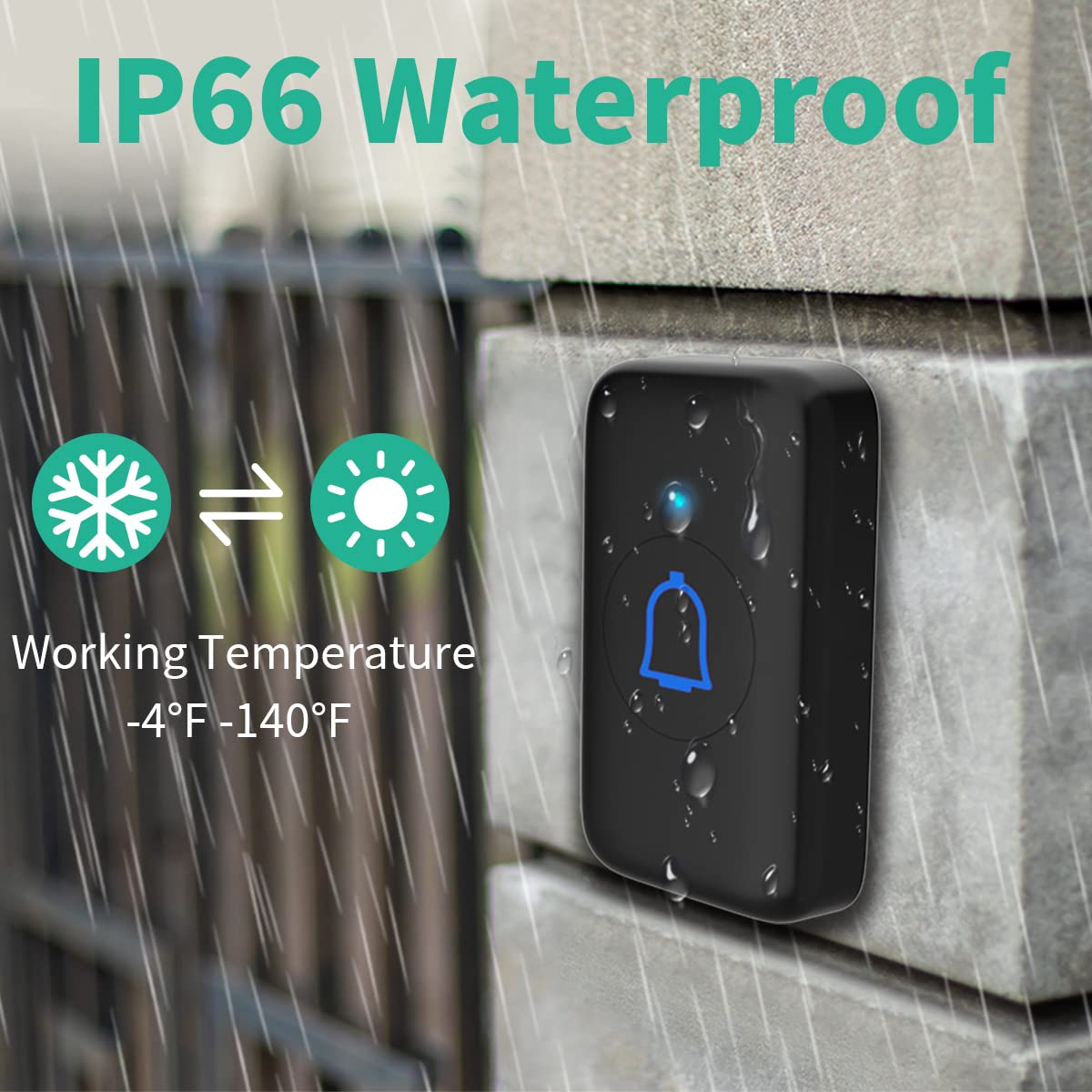 Doorbell Wireless IP66 Waterproof 115dB with 56 Chimes 1000ft Range 7 Levels Vol