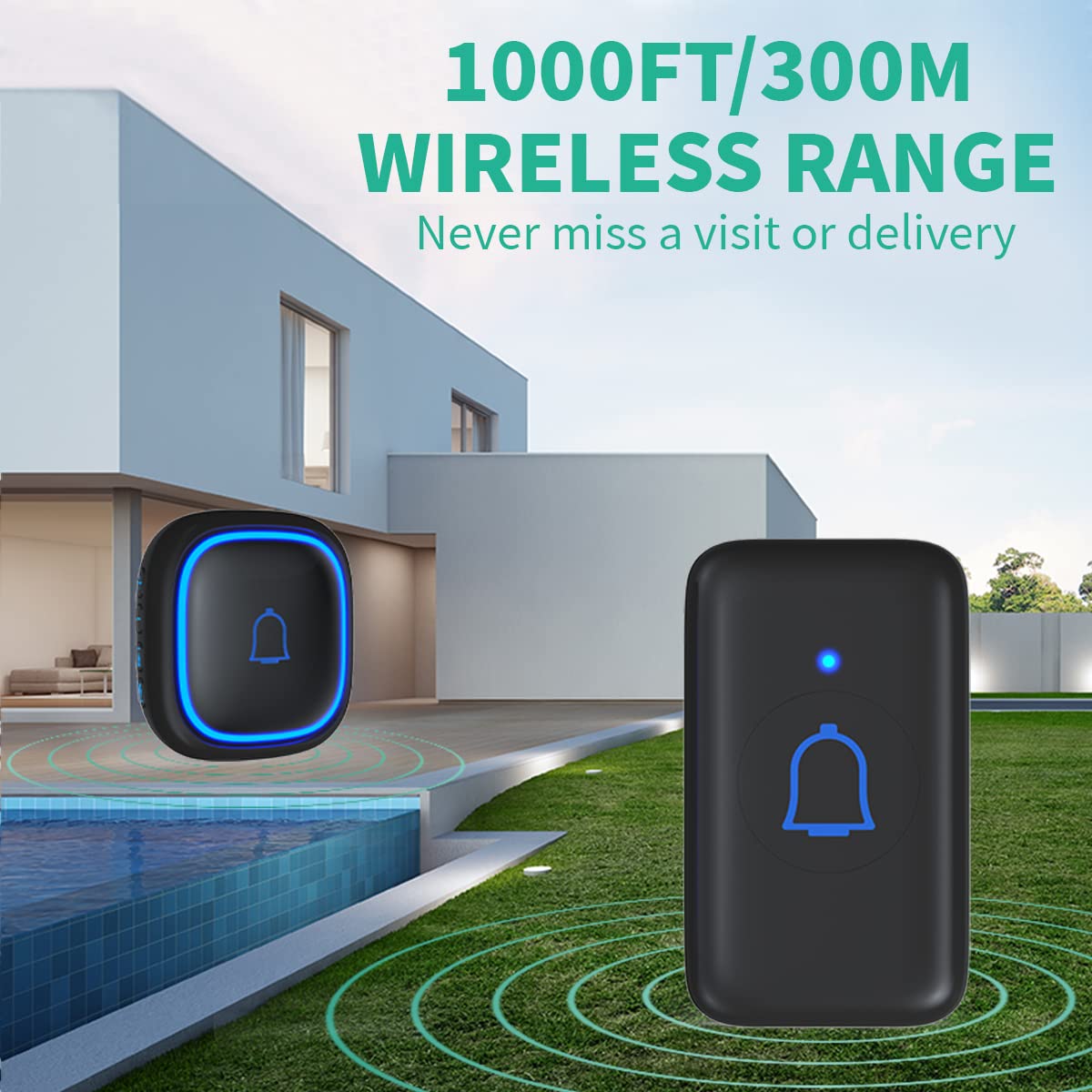 Doorbell Wireless IP66 Waterproof 115dB with 56 Chimes 1000ft Range 7 Levels Vol