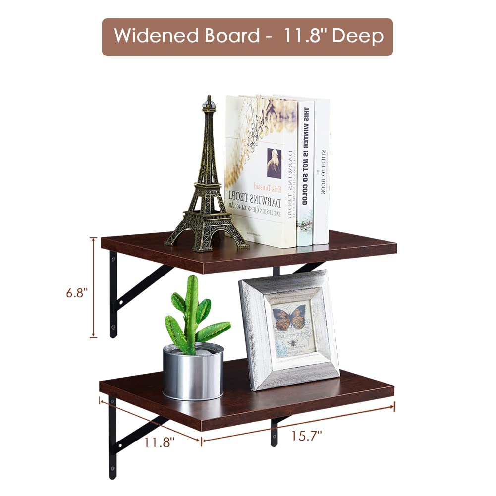 Wall Mounted Floating Shelves, 2 Set Wide Display-Cherry Walnut, 11.8x15.7x6.8in