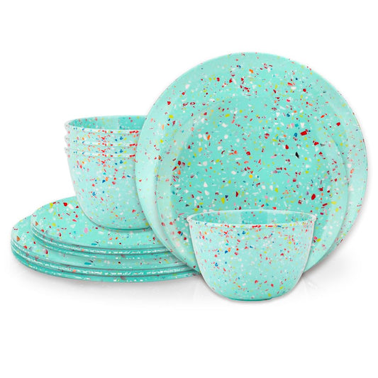 Zak Designs Melamine Dinnerware Set,12-Piece, Service for 4, Confetti-Mint Green