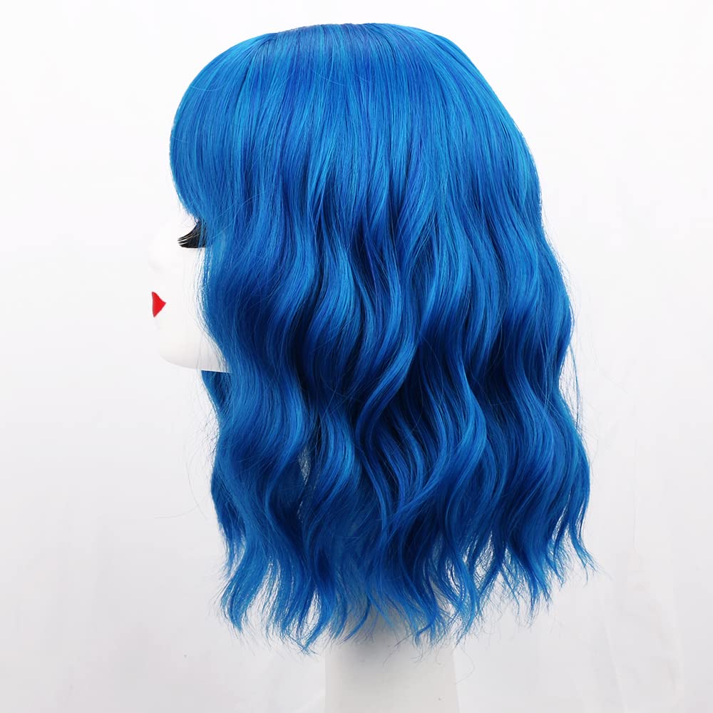 Bob Wig with Bangs Loose Wavy Wig Shoulder Length Cosplay Colorful Wigs - Blue