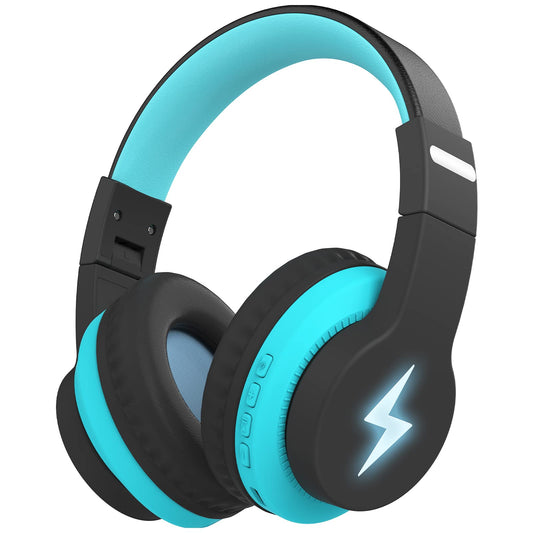 Kids Headphones, Wireless, LED Lights, Built-in Mic, Volume Limited - Blue