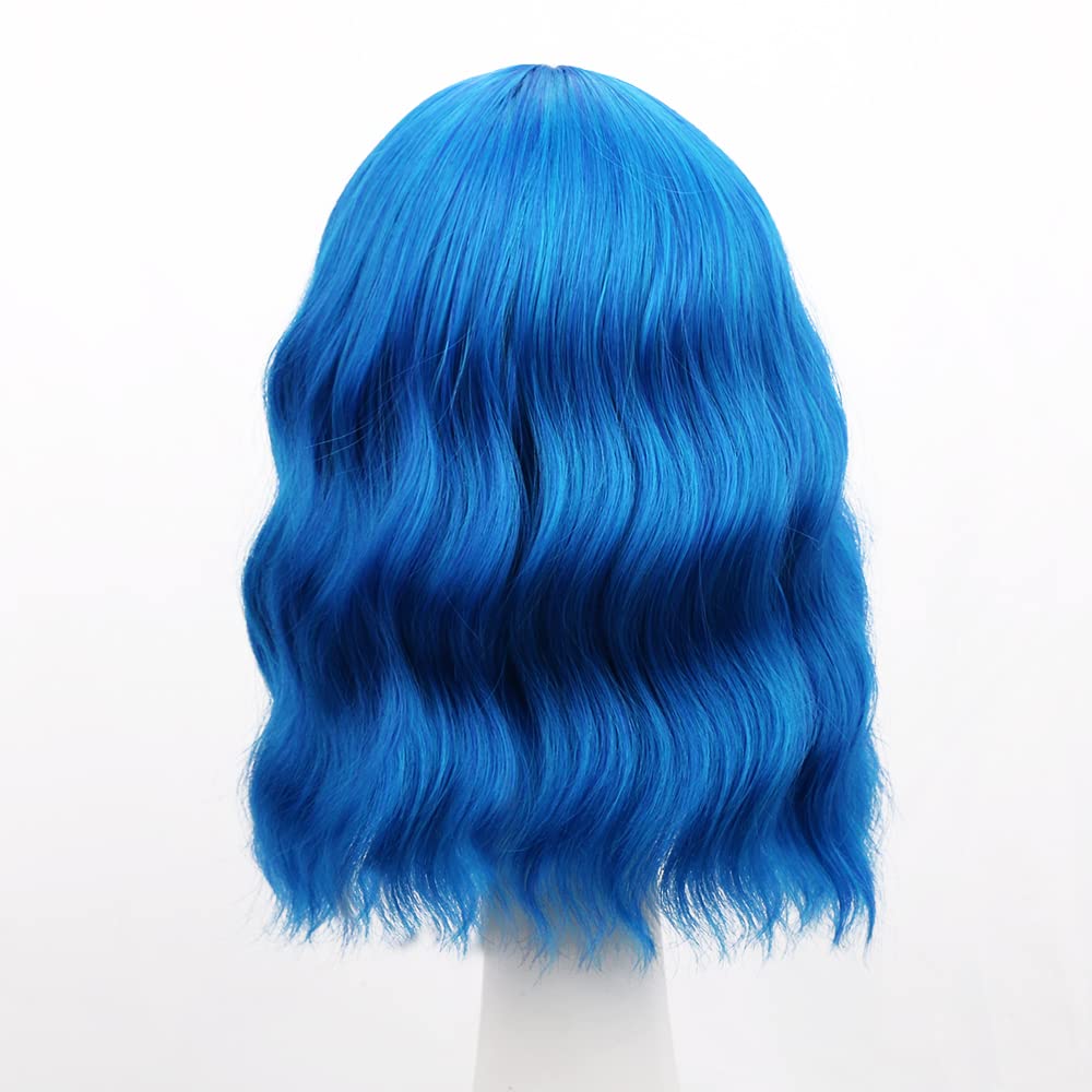 Bob Wig with Bangs Loose Wavy Wig Shoulder Length Cosplay Colorful Wigs - Blue