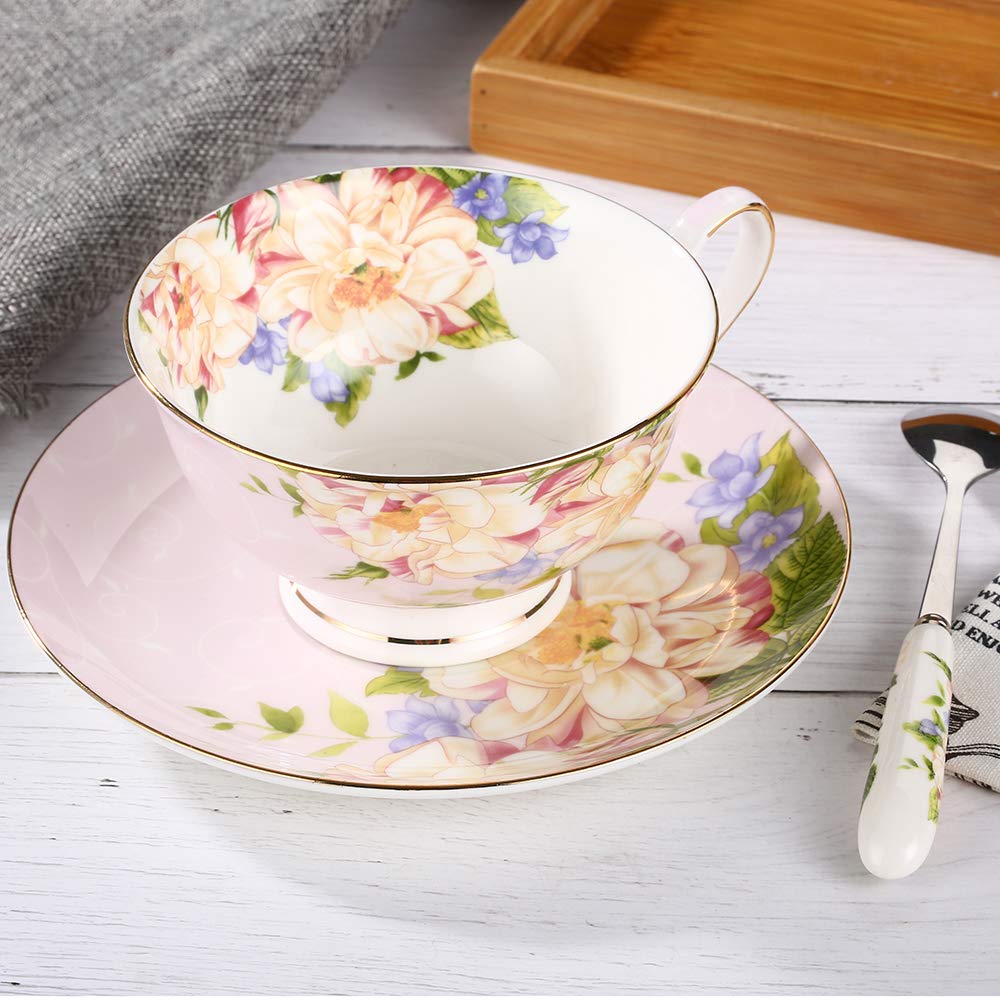 Pink Floral Tea Cup and Saucer Set, Bone China Tea Set, Coffee Cup, 7oz.