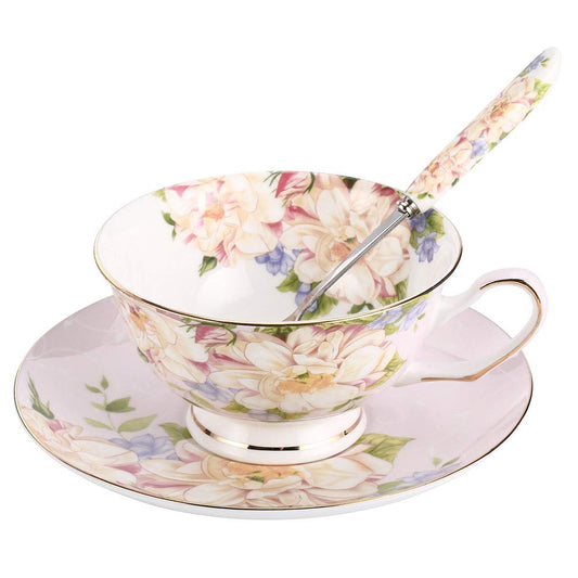 Pink Floral Tea Cup and Saucer Set, Bone China Tea Set, Coffee Cup, 7oz.