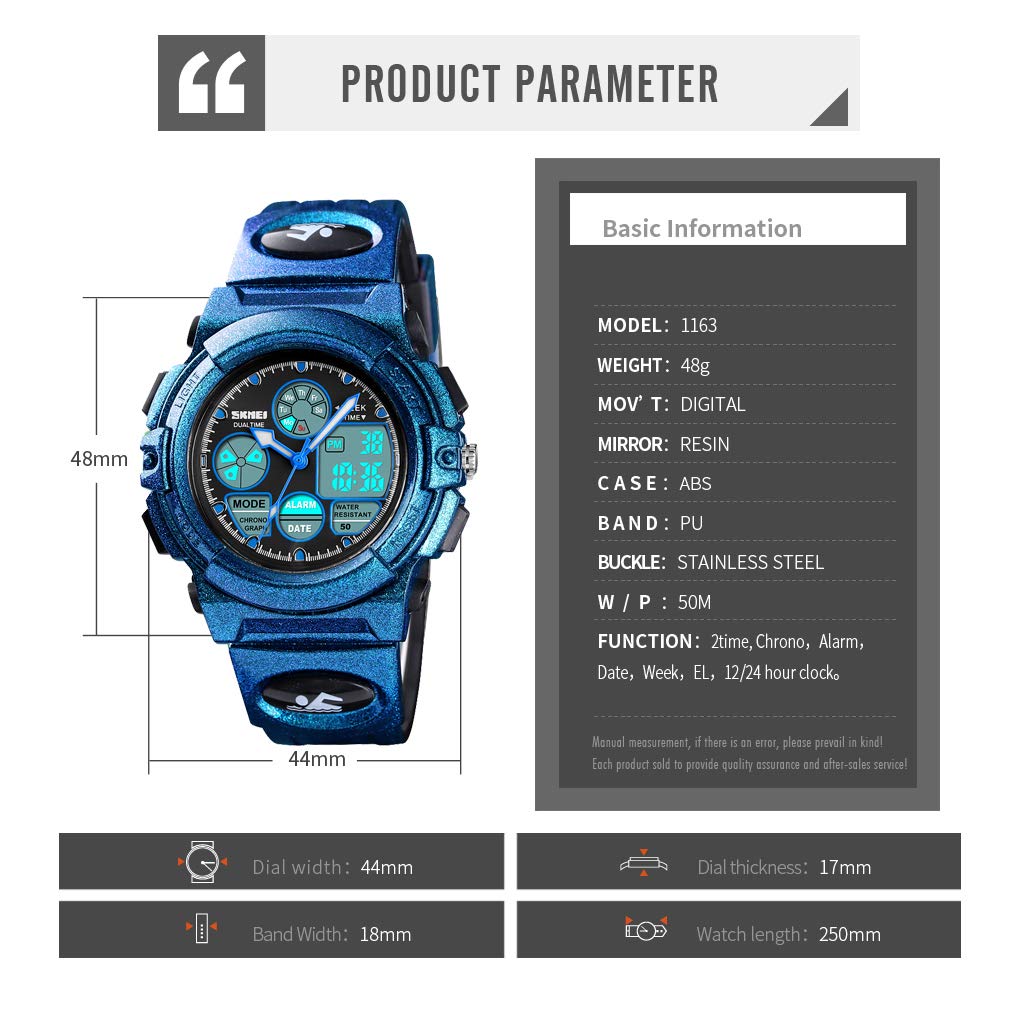 Boys Digital Watch Outdoor Sports 50M Waterproof Electronic Watches - Blue