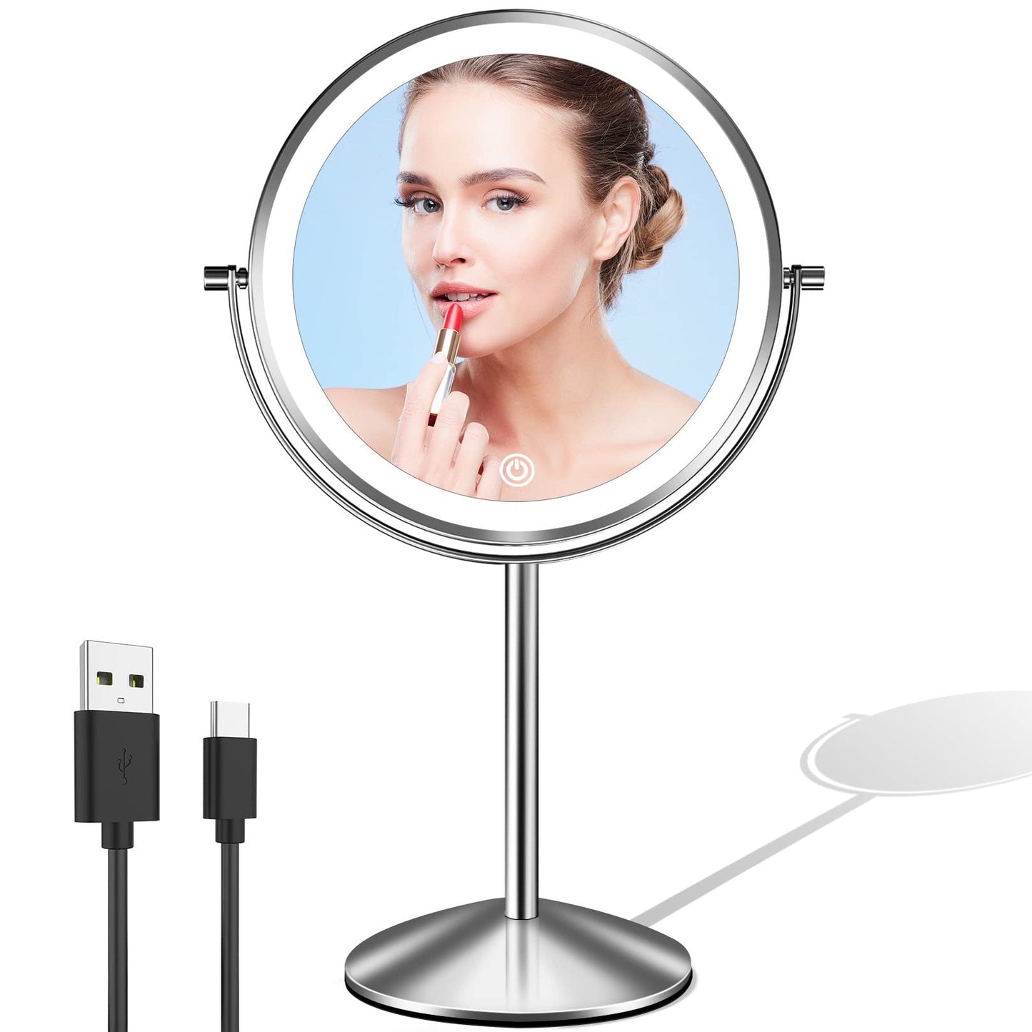 LOVESPEJO Lighted Makeup Mirror with Magnification, 8" 10X, Rechargeable Chrome