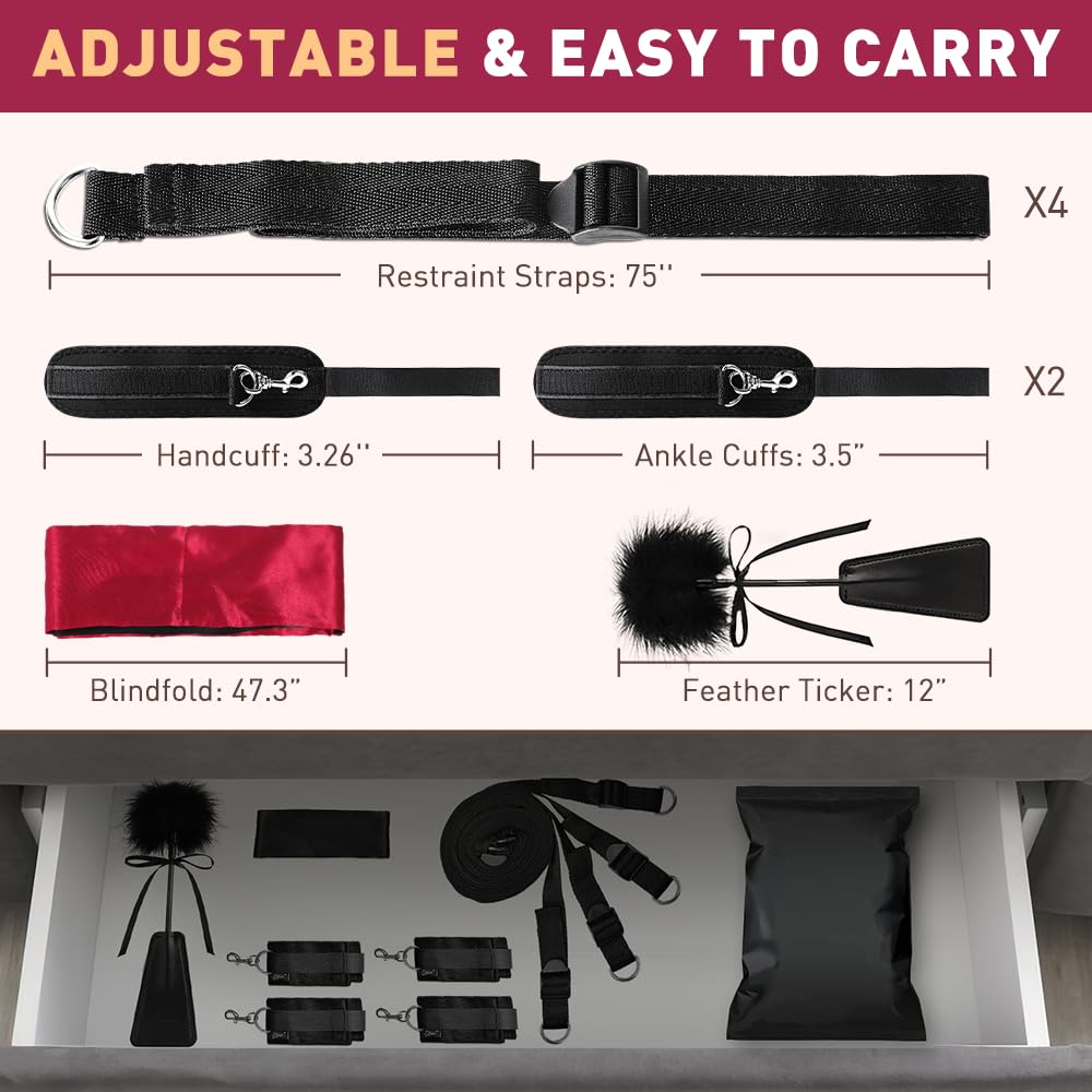 Sex Toys Bondage BDSM Restraints, Couples Sex Toys Bondage Restraints BDSM Kit, 75'' Adjustable Bed Restraints Sex Straps Set with Handcuffs Blindfold Tickler, Couple Adult Toys