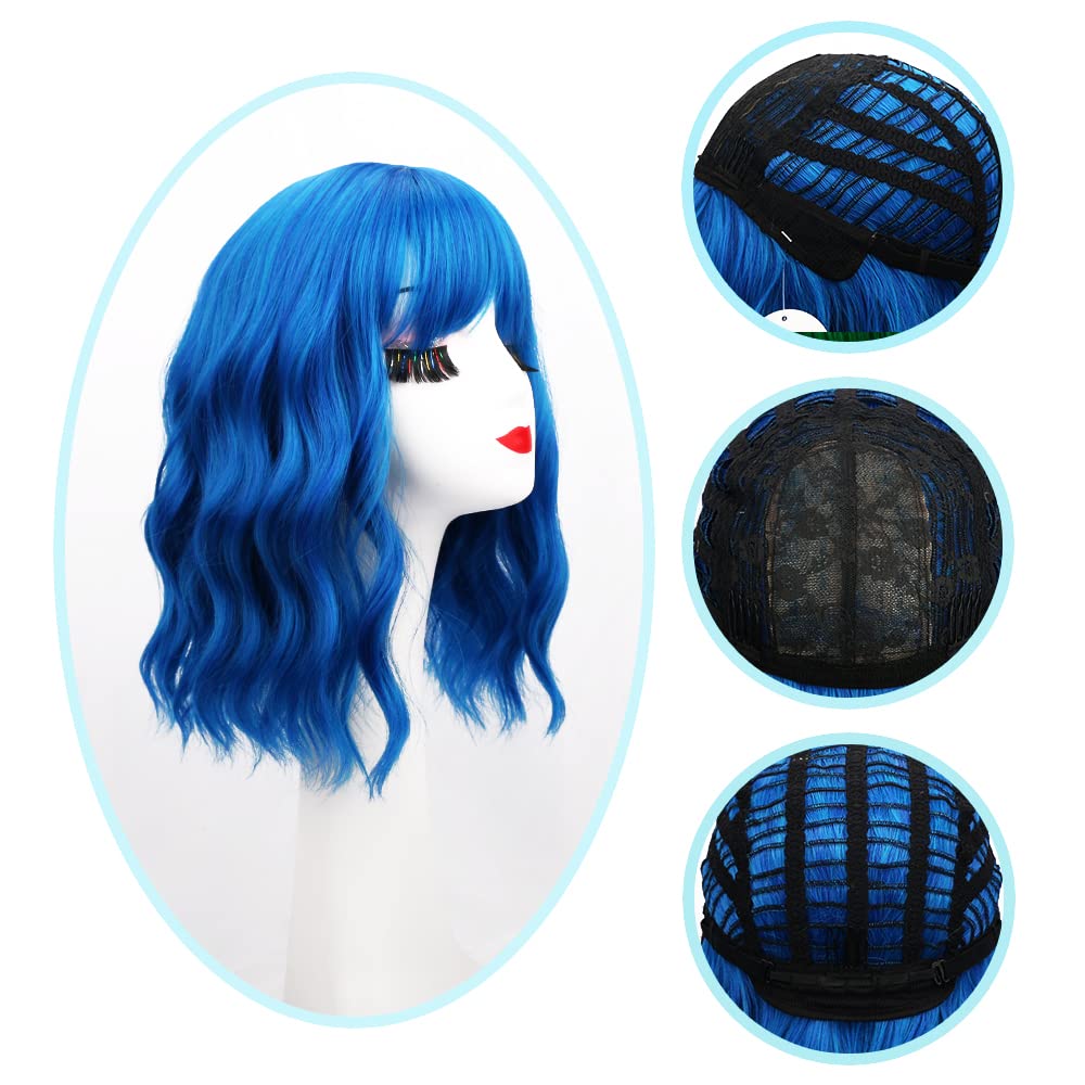 Bob Wig with Bangs Loose Wavy Wig Shoulder Length Cosplay Colorful Wigs - Blue